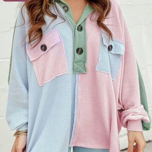 MULTICOLOR RIBBED COLOR BLOCK BISHOP SLEEVE HENLEY TOP